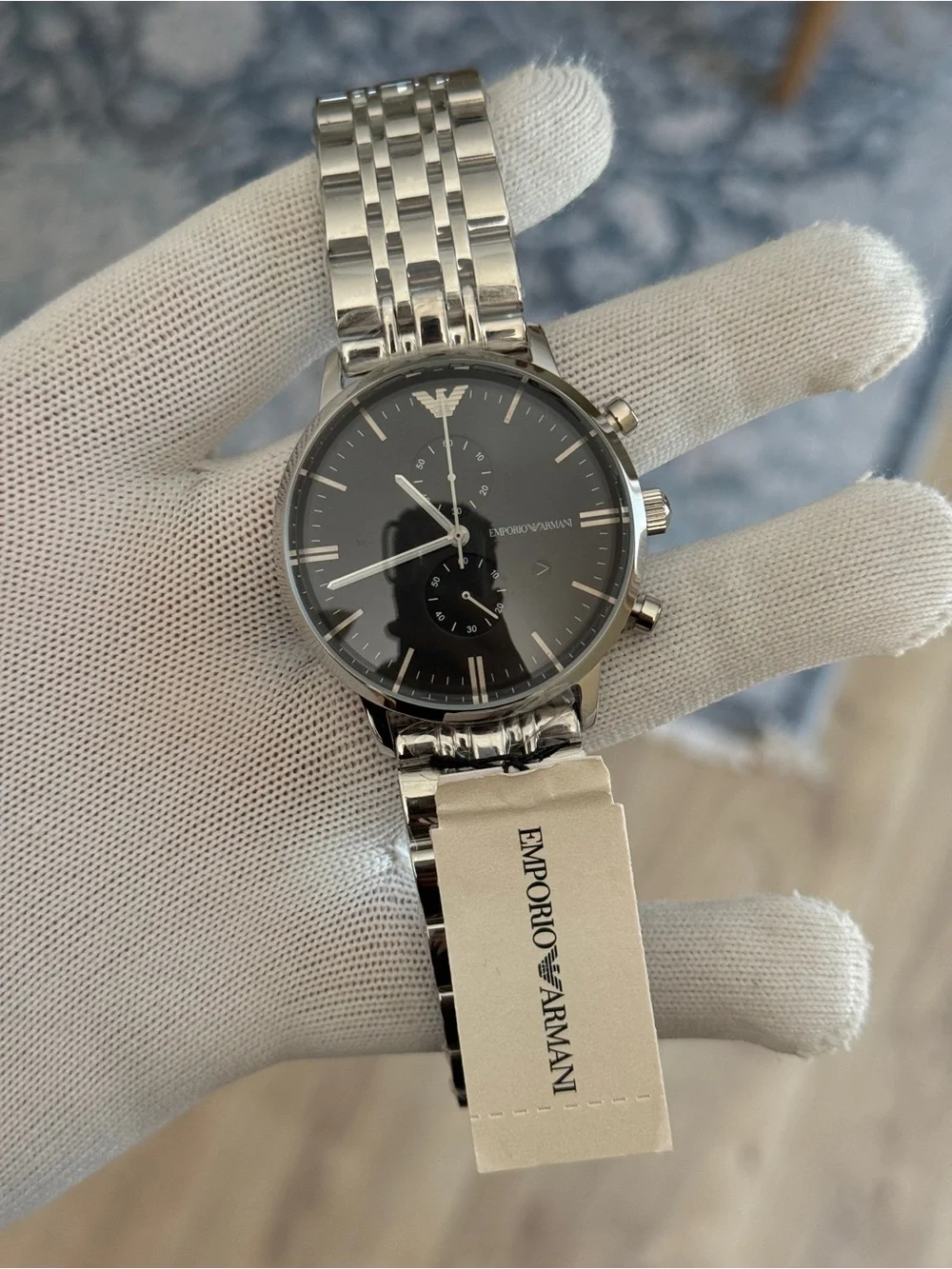 Emporio Armani Silver and Black Men's Chronograph Watch